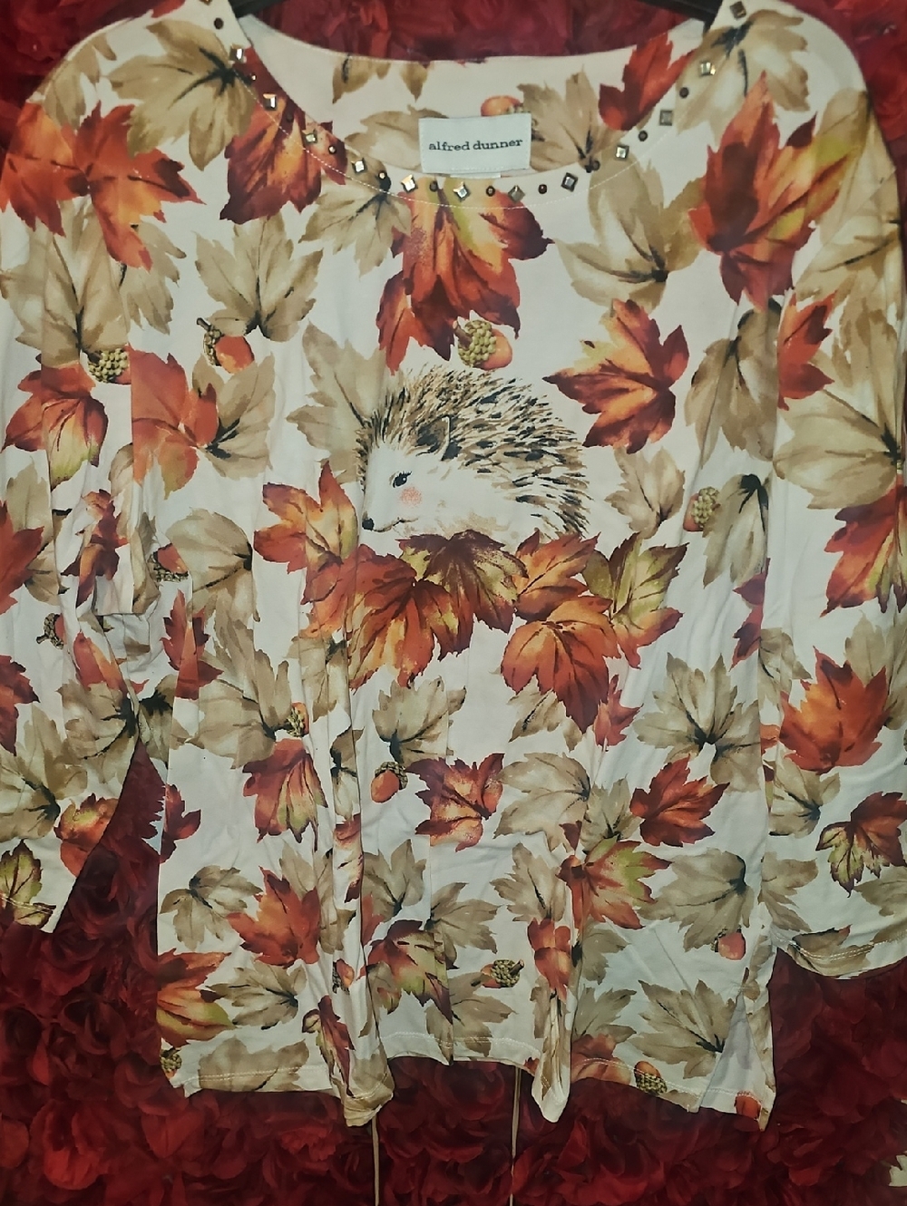 Alfred Dunner NWOT Cream Blouse  Leaf, Acorn & Hedgehog Print XL